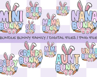 May include: A set of 10 digital files featuring bunny-themed designs with various family member titles, including "Mini Bunny", "Sister Bunny", "Brother Bunny", "Nana Bunny", "Mama Bunny", "Gigi Bunny", "Mimi Bunny", "Grandpa Bunny", "Uncle Bunny", and "Daddy Bunny". Each design includes a bunny ear headband, polka dots, and a carrot.