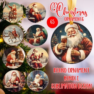 Modello di sublimazione PNG con pacchetto di ornamenti rotondi di Natale vintage di Babbo Natale, disegni di ornamenti di Natale, download digitale