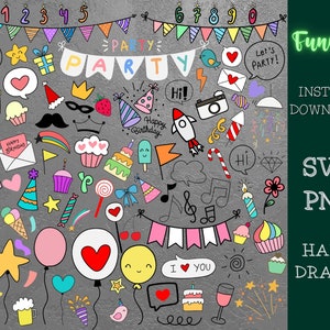 99 Bundle dessiné à la main pour les cliparts de fête d’anniversaire, party element Digital Download, cut files pour Cricut, Svg, Vector, Png