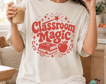 Retro Classroom Magic Svg, Groovy Magic Wand Apple Book Teacher Graphic Tee (Digital Download)