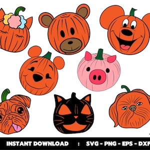 May include: Set of ten Halloween pumpkin carving stencils featuring various animal designs. The stencils include a bear, a pig, a cat, a dog, and a Mickey Mouse design. The stencils are black and white and are perfect for creating unique and festive pumpkins.