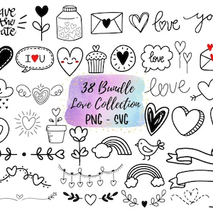 38 bundel Love Collection Clipart, Heart Png, Heart Svg Hand getrokken, Love Svg, Doodle Svg, Cutting Files, Ornament voor DIY Cricut Design