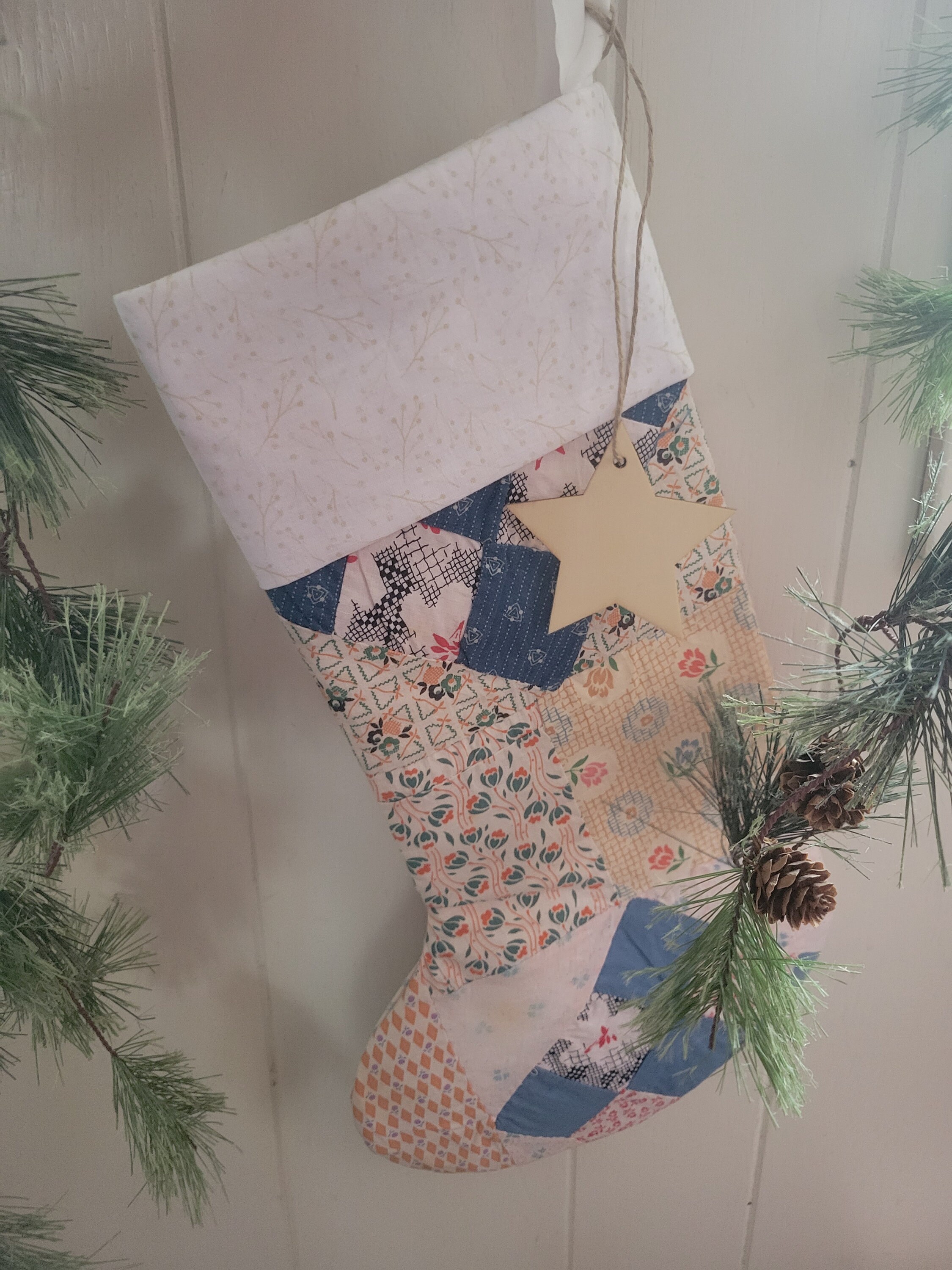 Patchwork Christmas Stocking Vintage Quilt Christmas Stocking Handmade Modern Farmhouse cottage