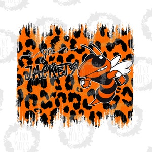 May include: Orange and black cartoon bee mascot with the text "go jackets" on a distressed orange and black leopard print background.
