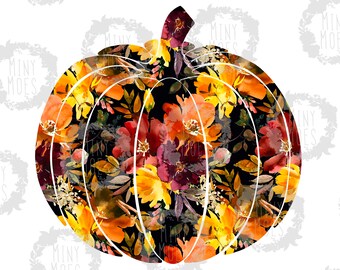 May include: A black pumpkin with a watercolor floral pattern in shades of orange, yellow, red, and purple. The pumpkin is outlined in white.