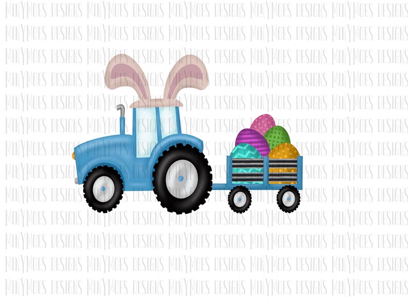 May include: A blue toy tractor with bunny ears on the cab pulls a wagon filled with colorful Easter eggs. The wagon has a blue and white striped design.