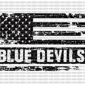 May include: A distressed black and white American flag with the words "BLUE DEVILS" in white text below the flag.