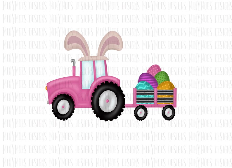 May include: A pink tractor with large black wheels and a trailer filled with colorful Easter eggs. The tractor has bunny ears on top. The eggs are decorated with various patterns and colors, including purple, green, and gold.