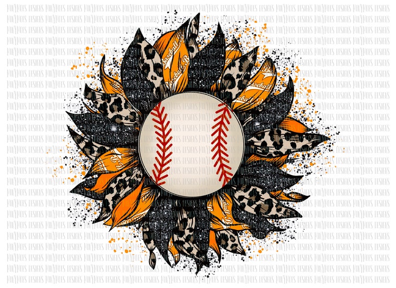 May include: A black and orange sunflower with a baseball in the center. The sunflower has a leopard print pattern on the petals. The baseball has red stitching.
