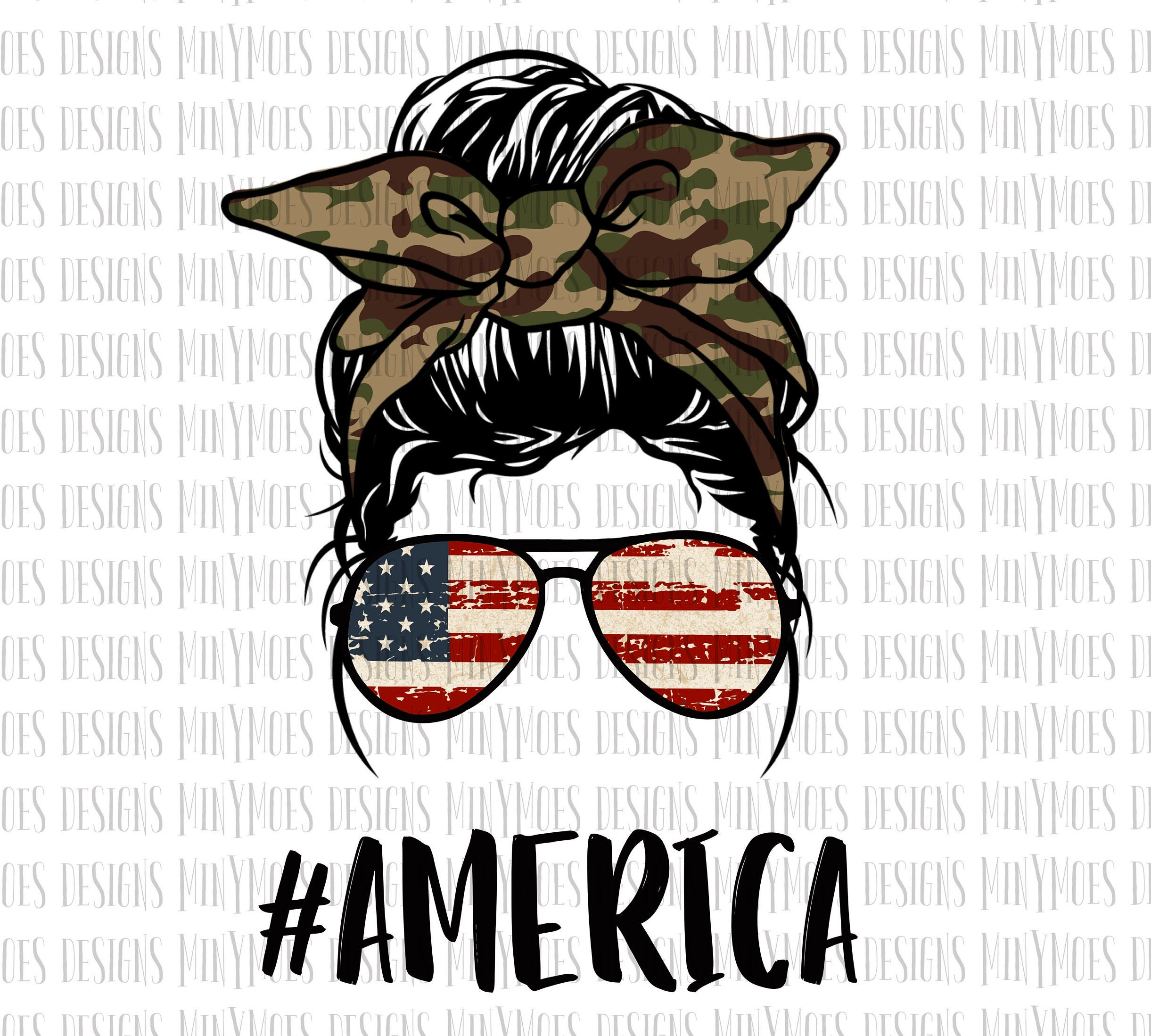 America Messy Bun PNG | American PNG | Camo and American Flag PNG