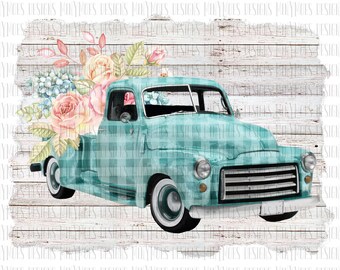 Springtime Floral Vintage Truck PNG | Turquoise Truck Digital Download