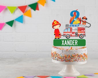 Fire Truck Cake Topper, Customizable Firefighter and Text - Choose from 8 Firefighters. Download and print item.