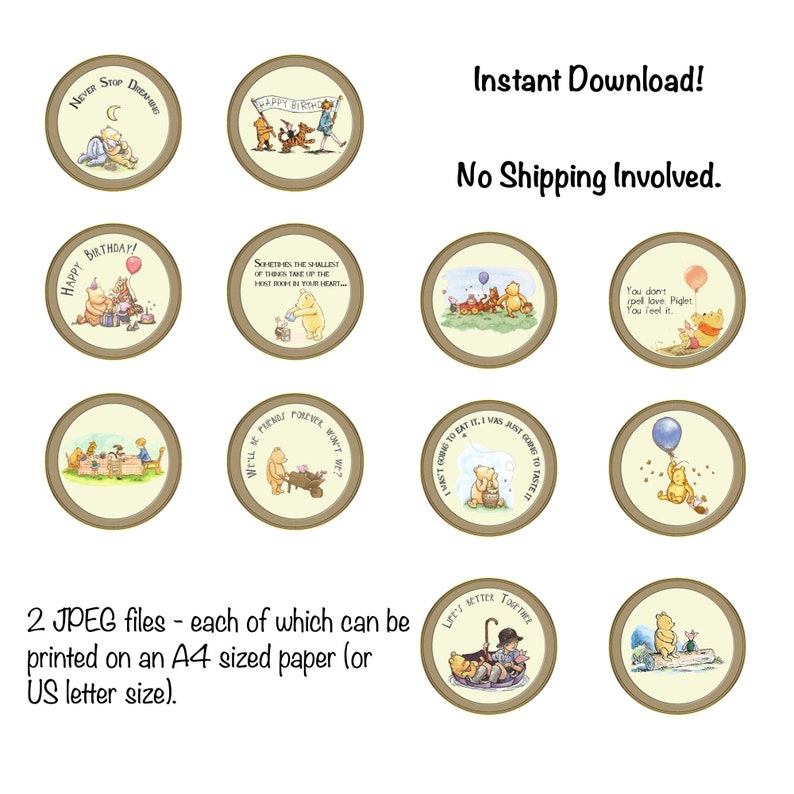 Baby Shower Instant Download Birthday Party Supplies Children\u2019s Book Pooh Cake Toppers Classic Yellow Bear DIY Print