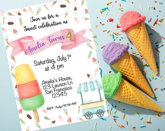 Ice Cream Birthday Invitation, featuring an Ice Cream Truck, Summertime Birthday Celebration. Fully Customizable! Download and print item.