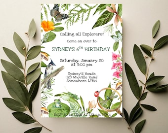 May include: A green and white birthday invitation with a nature theme. The invitation features a butterfly, a dragonfly, a frog, a bird, and a magnifying glass. The text on the invitation reads "Calling all Explorers! Come on over to SYDNEY'S 6TH BIRTHDAY Saturday, January 20 at 3:00 pm Sydney's House 123 Whoville Road Somewhere 12345 RSVP TO LILLIAN AT 123-456-7890"