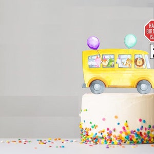 Wheels on the Bus Cake Topper, School Bus with Party Animals, Customizable Kids Birthday Centerpiece - Download and Print Item