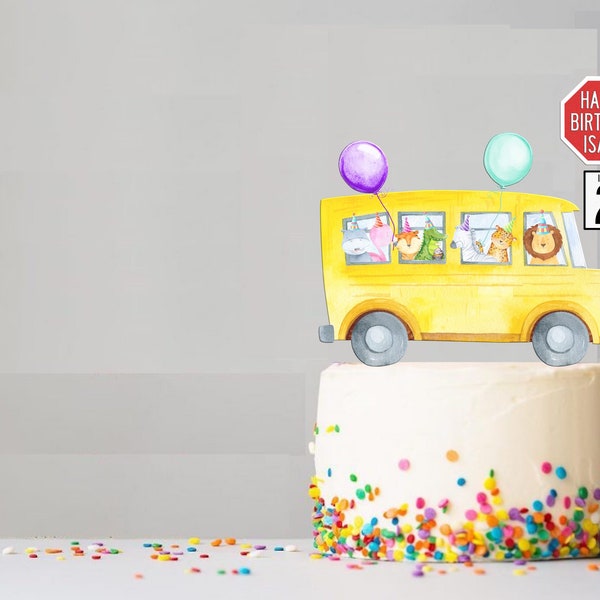 Wheels on the Bus Cake Topper, School Bus with Party Animals, Customizable Kids Birthday Centerpiece - Download and Print Item