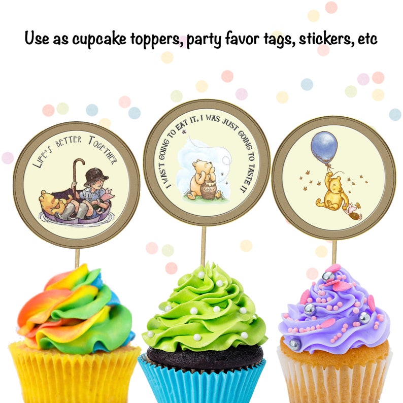 Baby Shower Instant Download Birthday Party Supplies Children\u2019s Book Pooh Cake Toppers Classic Yellow Bear DIY Print