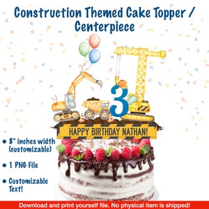 Construction Theme Party Cake Topper, Personalized Name & Age Printable file in 48 hours. Download and print item. image 2