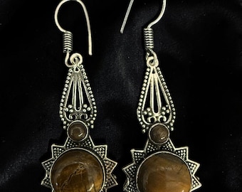 Boho Tigers Eye Brass Hoop Earrings, Sacred Geometry Triangle Mandala Dangles, Tribal Lotus Gemstone Jewelry, Spiritual Gift for Her