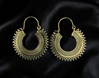 Boho Raw Brass Filigree Hoop Earrings, Tribal Mandala Chandelier Dangles, Indian Style Lace Creoles, Festival Jewelry, Gift for Her