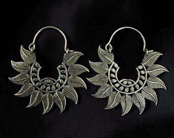 Boho Tribal Leaf Hoop Earrings, Silver Botanical Sunburst Creoles, Antique Silver Mandala Hoop Earrings, Festival Gypsy Jewelry
