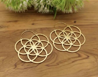 Gold Tone Sacred Geometry Earrings, Seed of Life Floral Dangle Earrings, Boho Statement Jewelry, Gift for Her