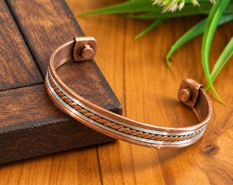 Copper Cuff Bracelet with Three-Tone Braided Detail, Slim Open Cuff, Rustic Jewelry for Men and Women