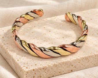 Twisted Copper Cuff Bracelet, Three Tone Open Cuff, Gold and Silver Tone Accents, Unisex Statement Jewelry