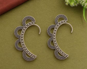 Silver Tone Geometric Statement Earrings, Scalloped Arc Design, Boho Jewelry, Vintage Inspired Gift for Her