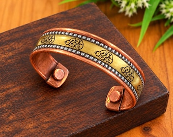 Buddha Copper Cuff Bracelet – Engraved Two-Tone Accents, Spiritual Jewelry Gift