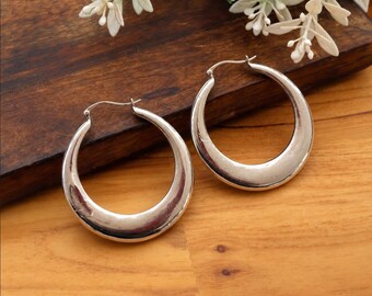 Boho Silver-Tone Crescent Hoop Earrings | Statement Moon Earrings | Gift for Her