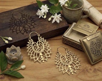 Boho Raw Brass Filigree Hoop Earrings, Tribal Mandala Chandelier Dangles, Indian Style Lace Creoles, Festival Jewelry, Gift for Her