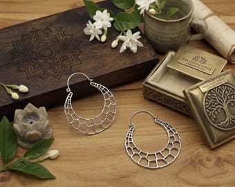 Silver Tone Teardrop Hoop Earrings, Openwork Geometric Design, Boho Statement Jewelry, Gift for Her
