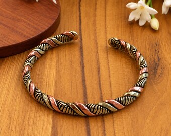 Twisted Copper Cuff Bracelet, Three Tone Rope Design, Rustic Open Bangle, Unisex Jewelry Gift