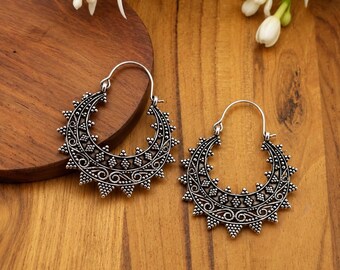 Silver Tone Crescent Hoop Earrings, Ornate Boho Statement Earrings, Vintage Inspired Jewelry, Gift for Her