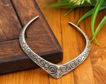 Silver Tone Spiral Choker Necklace, V Shaped Collar, Boho Statement Jewelry, Gift for Her