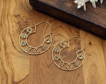 Gold Tone Chakra Hoop Earrings, Seven Chakra Symbols, Openwork Spiritual Jewelry, Yoga Lover Gift