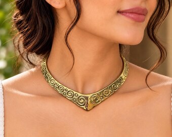 Brass Spiral Choker Necklace, V Shaped Collar, Boho Statement Jewelry, Gift for Her