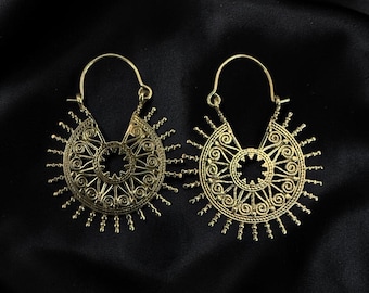 Boho Raw Brass Filigree Hoop Earrings, Tribal Mandala Chandelier Dangles, Indian Style Lace Creoles, Festival Jewelry, Gift for Her