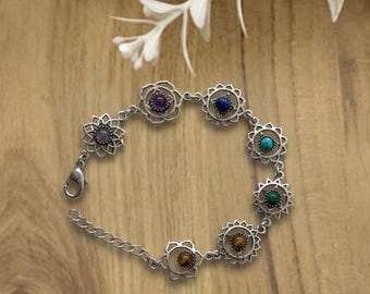 Chakra Crystal Lotus Bracelet, Silver Boho Healing Gemstone Bracelet, Yoga & Meditation Jewelry
