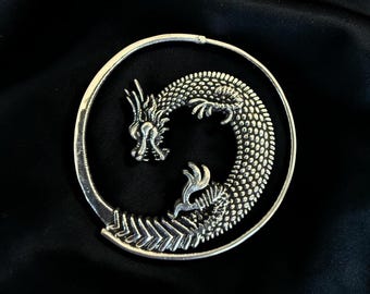 Chinese Dragon Hoop Earrings, Antique Silver Coiled Serpent Creoles, Asian Mythology Tribal Hoop Earrings, Gothic Boho Festival Jewelry