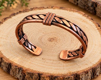 Braided Copper Cuff Bracelet, Rustic Open Cuff with Decorative Bands, Boho Jewelry for Men and Women
