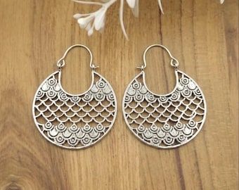Silver Boho Statement Earrings, Intricate Filigree Scale Hoops, Bohemian Festival Jewelry, Gift for Her