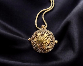 Brass Flower of Life Harmony Ball Necklace, Sacred Geometry Locket Pendant, Gold Chime Bola Necklace