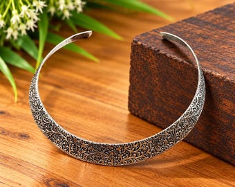 Vintage Ethnic Silver Torque Choker | Engraved Floral Filigree Open Collar Necklace | Boho Tribal Statement Jewelry
