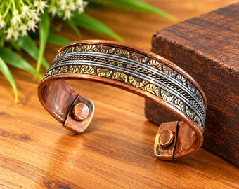Copper Cuff Bracelet with Three-Tone Detail, Twisted Rope Design, Rustic Boho Jewelry for Men and Women
