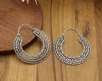 Silver Tone Crescent Hoop Earrings, Ornate Scrollwork with Scalloped Edges, Boho Statement Jewelry, Gift for Her