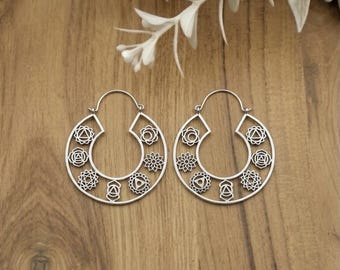 Silver Tone Chakra Hoop Earrings, Seven Chakra Symbols, Boho Spiritual Jewelry, Yoga and Meditation Gift