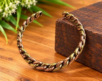 Copper Cuff Bracelet with Braided Wire Detail | Three-Tone Boho Jewelry | Gift for Him or Her